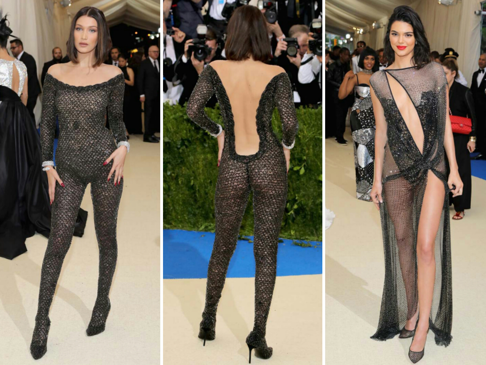 Bella Hadid wearing a jumpsuit by Alexander Wang and Kendal Jenner with Haute Couture de la Perla